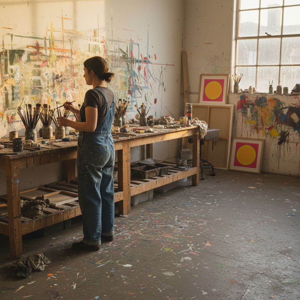 Hackney artist studio: the painter absorbed in work, the print small in the background.Pink Yellow Sun framed and mounted print discovered in the background of a working painter’s Hackney studio, surrounded by creative materials.