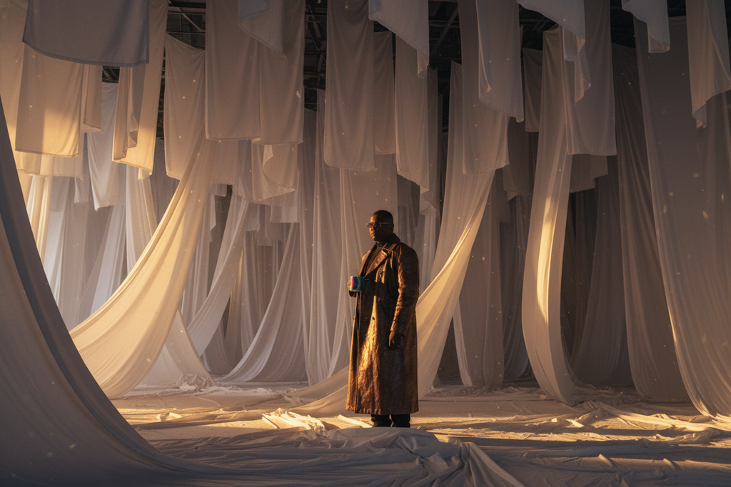 Hangar hung with drifting dust sheets