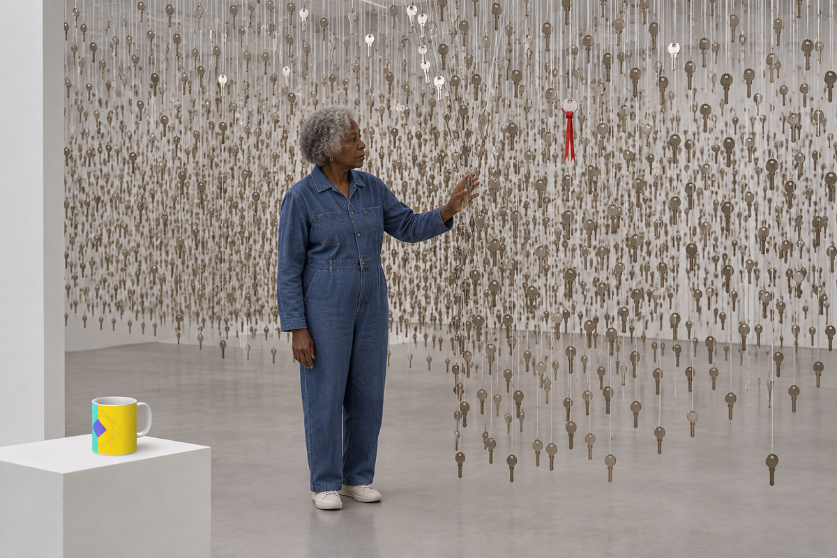 Hanging keys installation, elderly woman