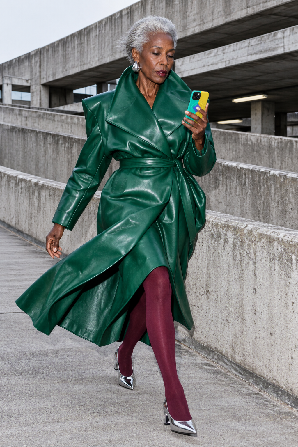 High-fashion human editorial on the concrete ramps of Peckham Levels
