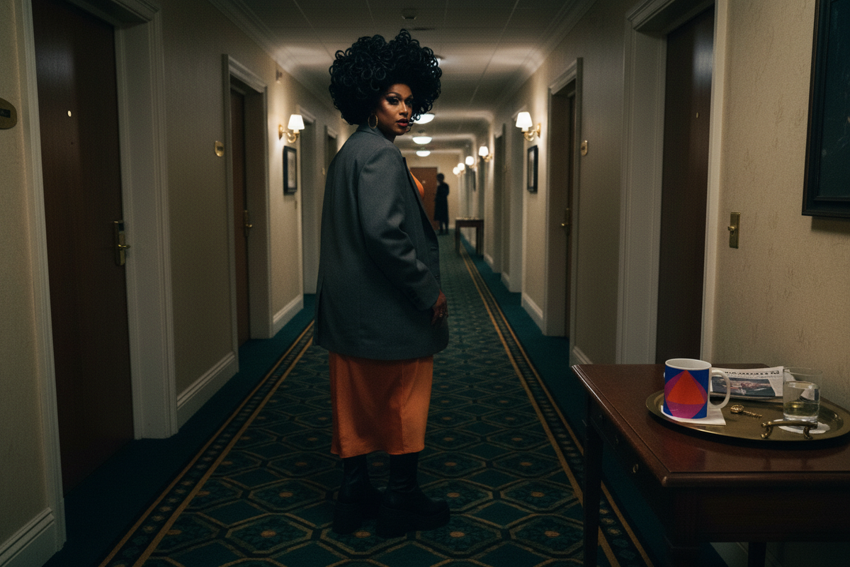 Hitchcock hotel corridor with a drag queen in modern streetwear