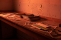 Watermelon Lime leather bookmark lying flat across an open notebook in a Hackney photo lab