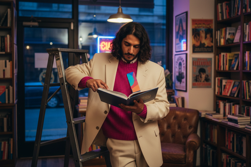 Blue Pink Moon Diamond Nappa leather bookmark in an independent London bookshop editorial