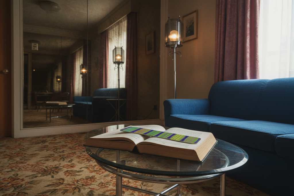 Watermelon Lime leather bookmark lying flat across an open book in a faded 1970s London hotel lounge