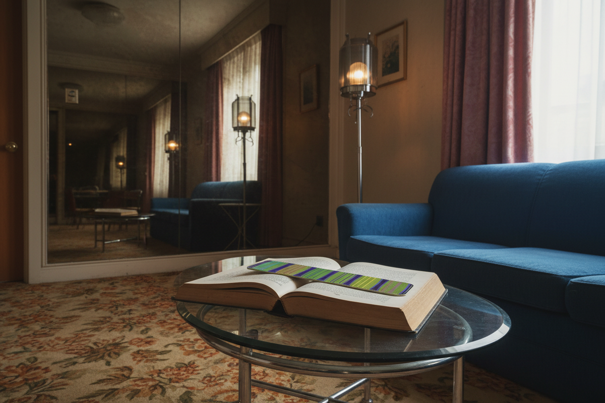 Watermelon Lime leather bookmark lying flat across an open book in a faded 1970s London hotel lounge