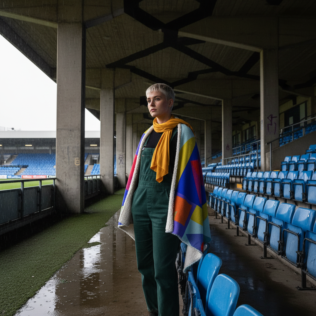 Red Pink Diamond Sky Sherpa blanket in a winter London football ground editorial