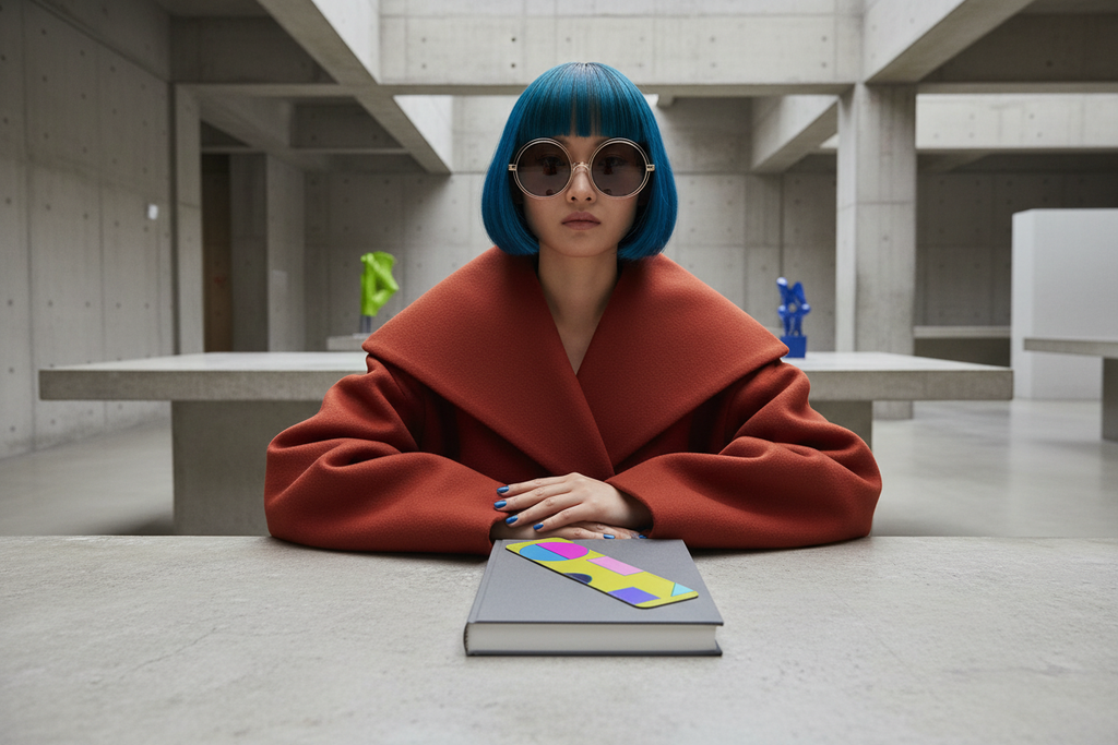 Pac-Man Lime Nappa leather bookmark lying flat on a book in a brutalist museum editorial