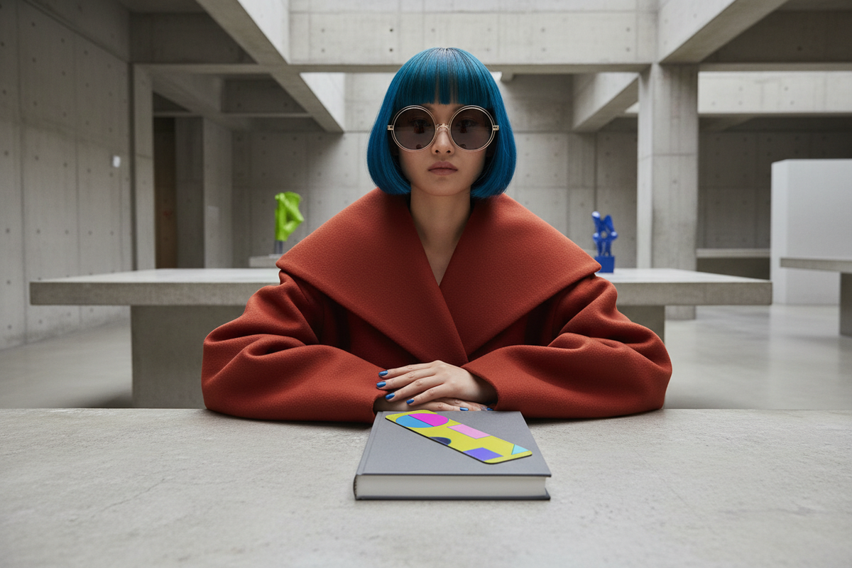 Pac-Man Lime Nappa leather bookmark lying flat on a book in a brutalist museum editorial