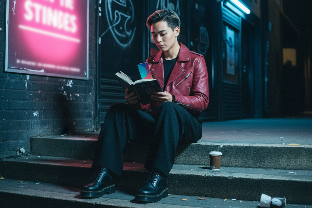 Blue Pink Moon Diamond Nappa leather bookmark outside a late-night London music venue