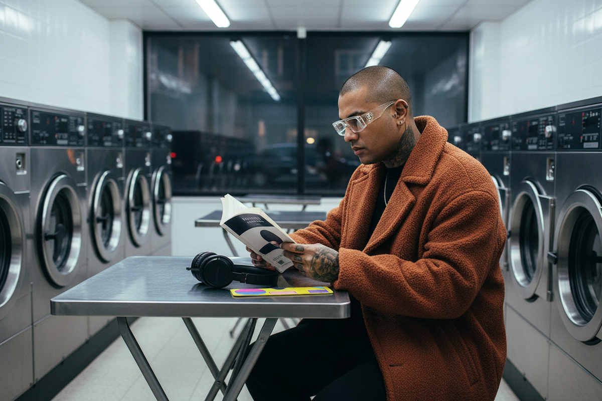 Pac-Man Lime Nappa leather bookmark lying flat on a book in an East London laundrette editorial