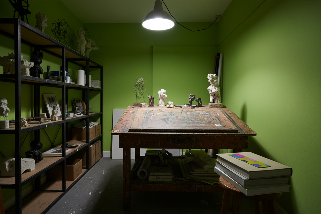 Pac-Man Lime Nappa leather bookmark lying flat on books in a Dalston print studio