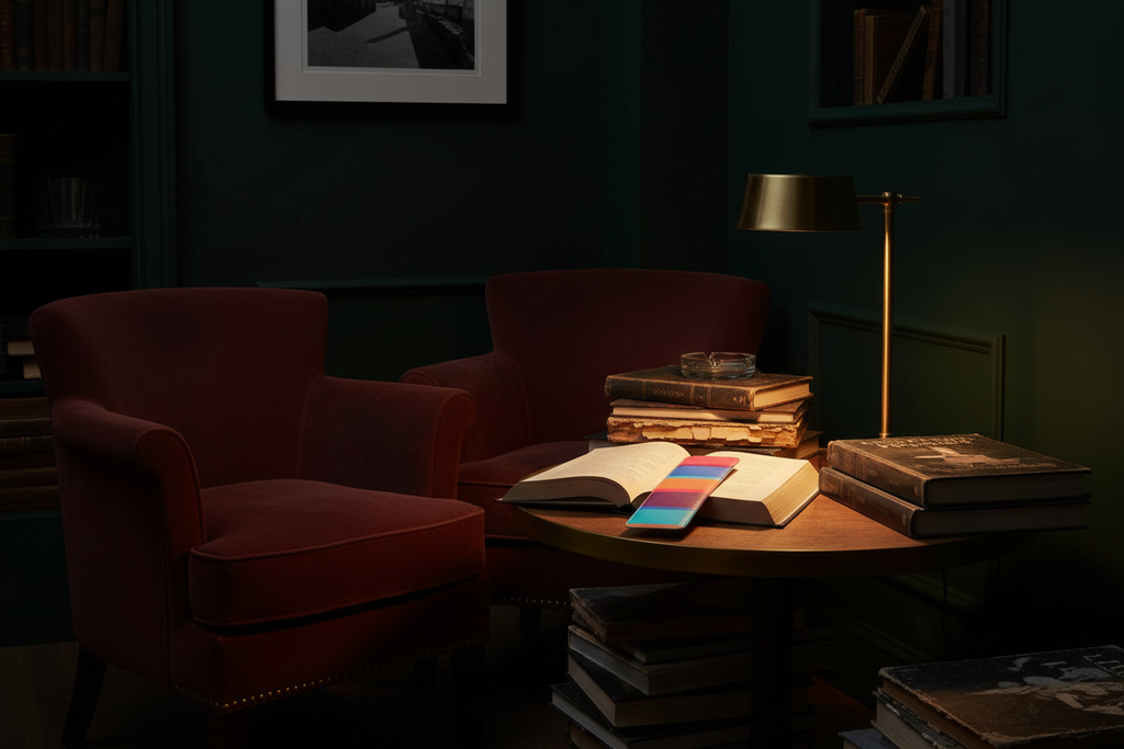 Pretty in Pink leather bookmark lying flat across an open paperback in a dark Soho reading room