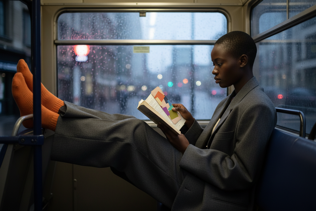 Snail Blush Nappa leather bookmark in a London bus reading editorial
