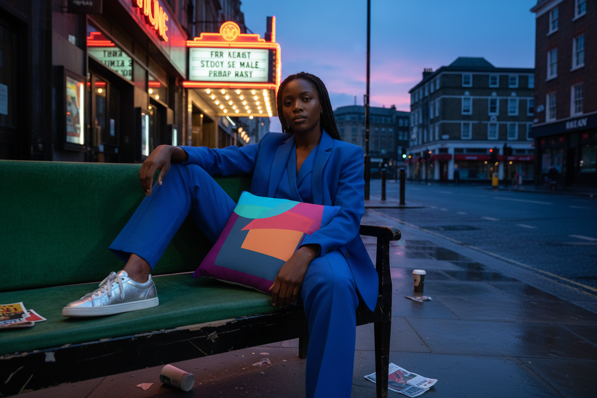 Blue Pink Moon Diamond cushion on a velvet cinema bench in a London fashion editorial