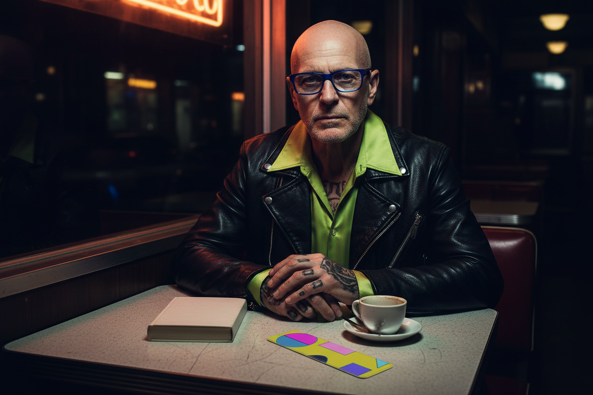 Pac-Man Lime Nappa leather bookmark lying flat on a Soho diner table in a tattooed fashion editorial