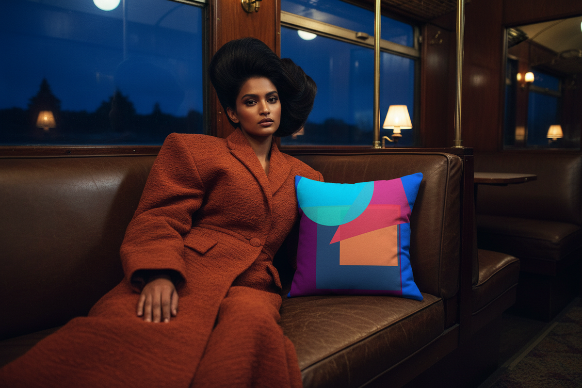 Blue Pink Moon Diamond cushion in a converted London railway carriage editorial