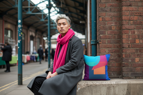 Blue Pink Moon Diamond cushion in a Hackney market street-style editorial