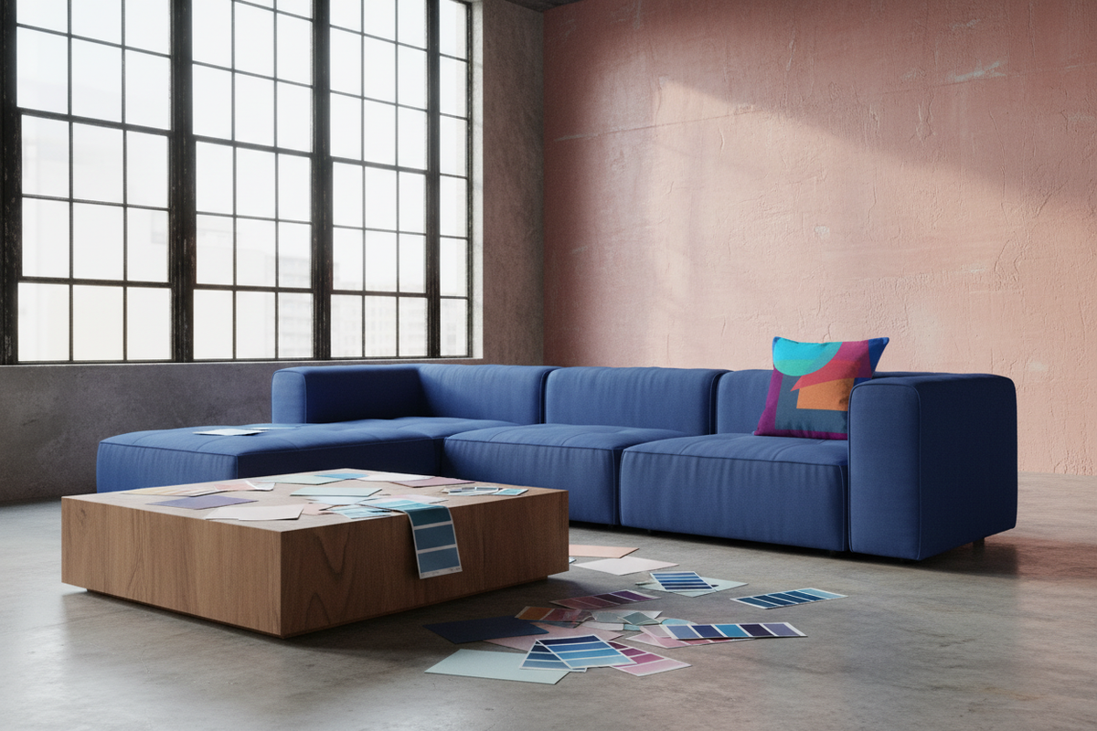 Blue Pink Moon Diamond cushion in a Hackney artist studio interior