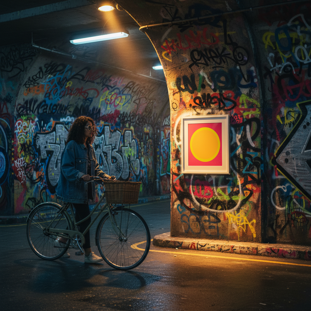 Leake Street tunnel: the print as a tiny curated exhibition in the undercroft. Pink Yellow Sun framed and mounted print displayed as a small curated exhibition in the graffiti-covered Leake Street tunnel, London