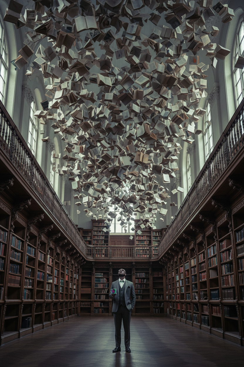 Library with books suspended like a flock