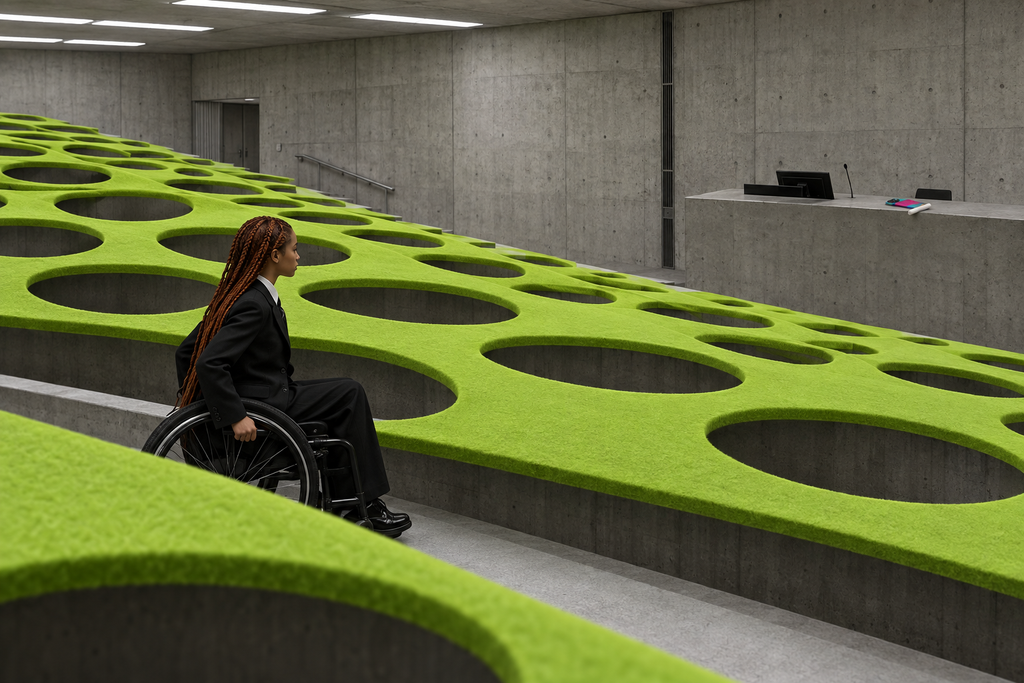 Lime felt intervention inside a brutalist lecture theatre