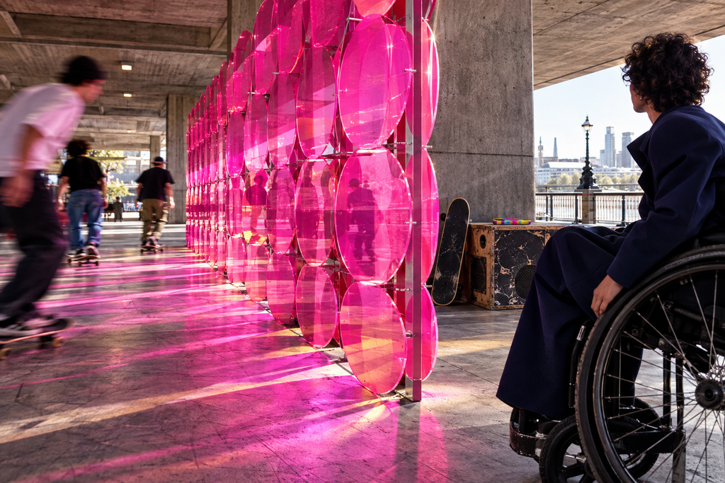 London skate culture moving through a pink acrylic installation