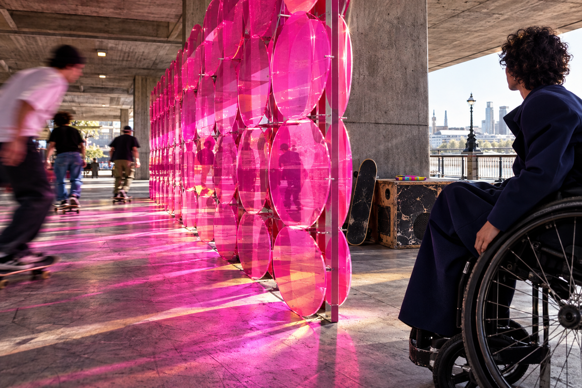 London skate culture moving through a pink acrylic installation