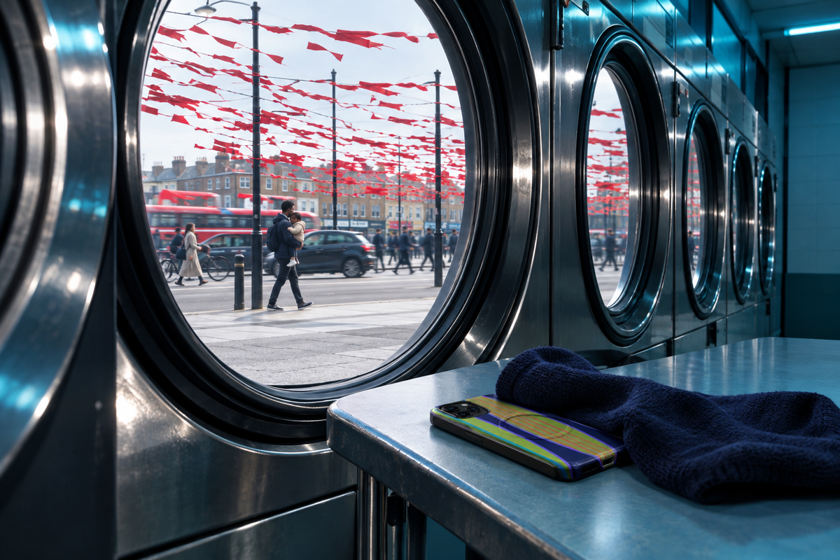 London street life framed through a cool-toned laundrette