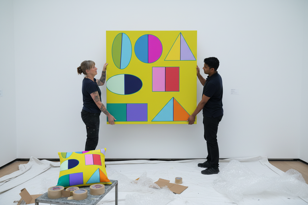 Mayfair install day, Pac-Man Lime cushion on the art trolley