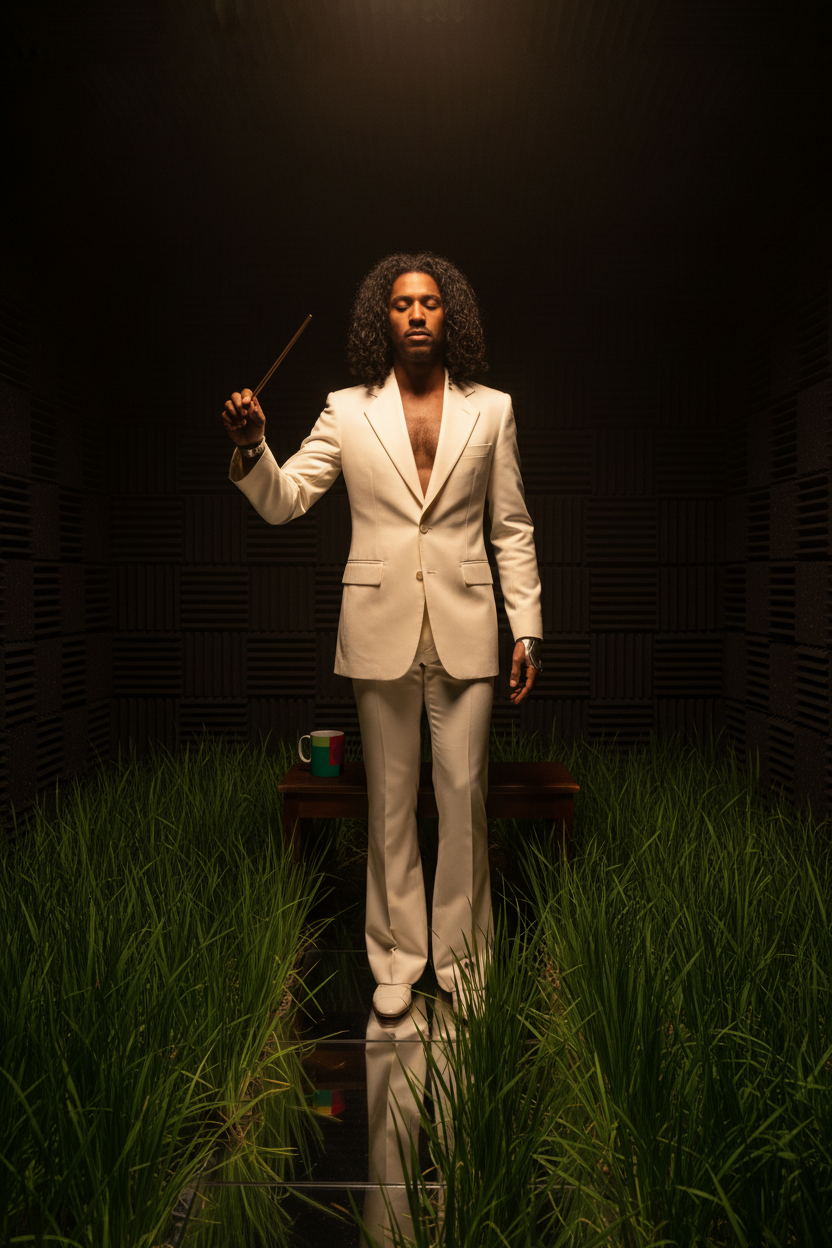 Mirrored-grass rehearsal-room editorial