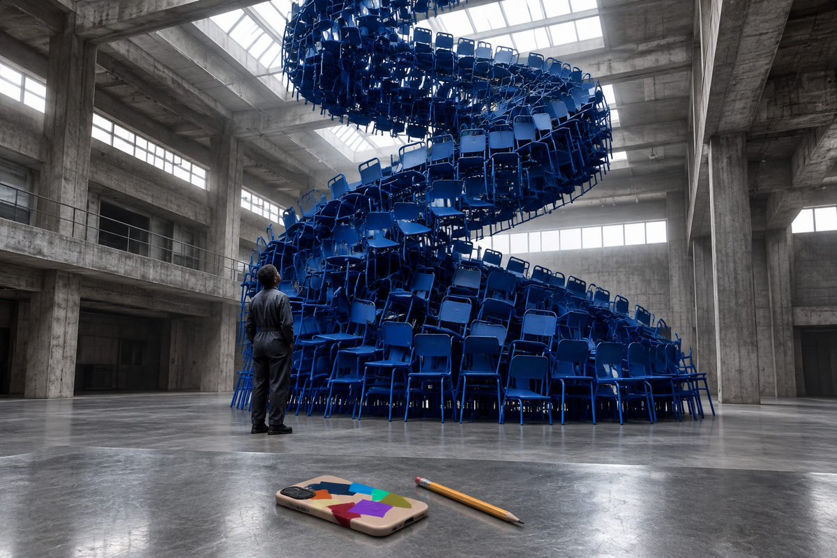 Monumental chair installation inside a London sorting hall