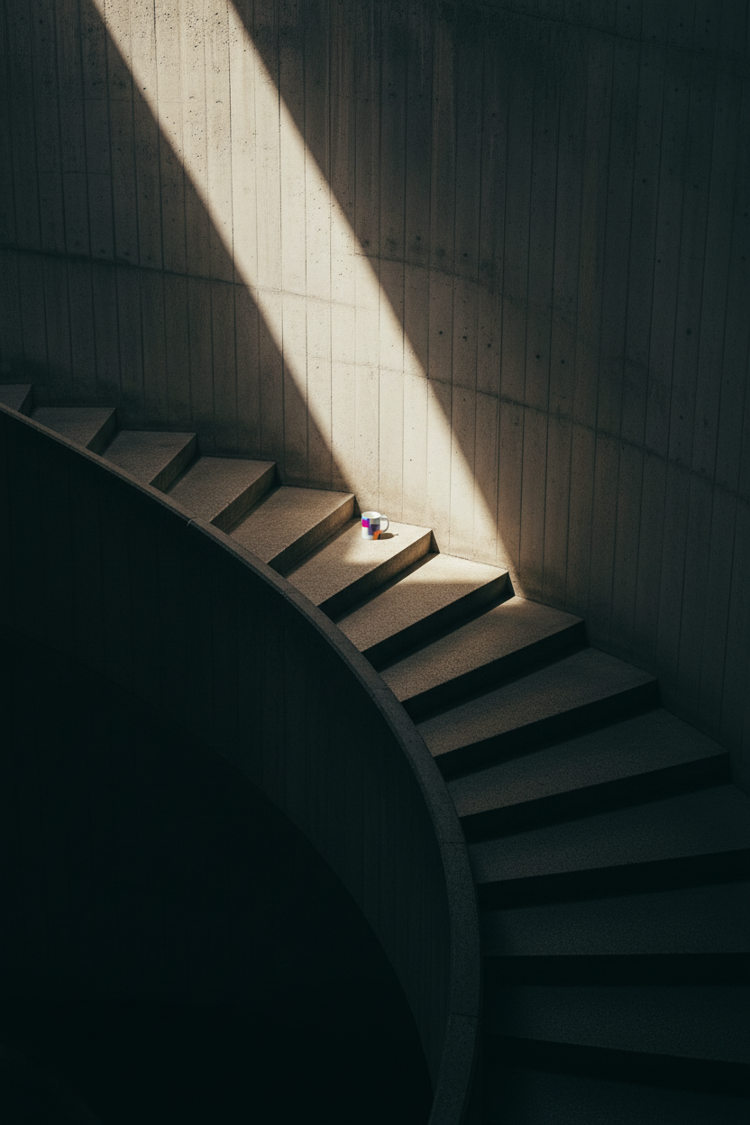 Mug at the head of a brutalist stone staircase