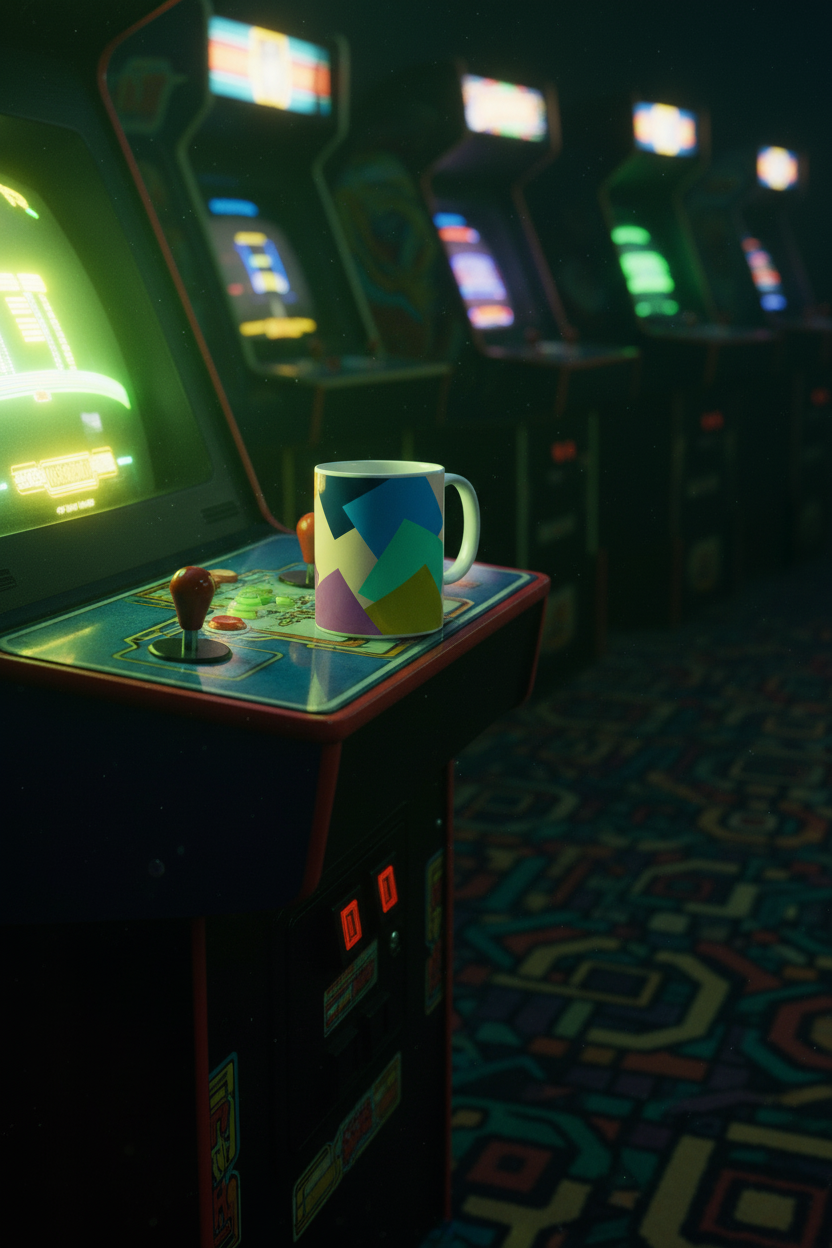 Mug on an arcade cabinet in screen light