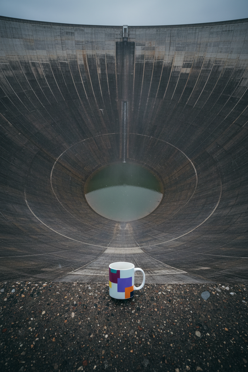 Mug on the lip of a colossal concrete spillway