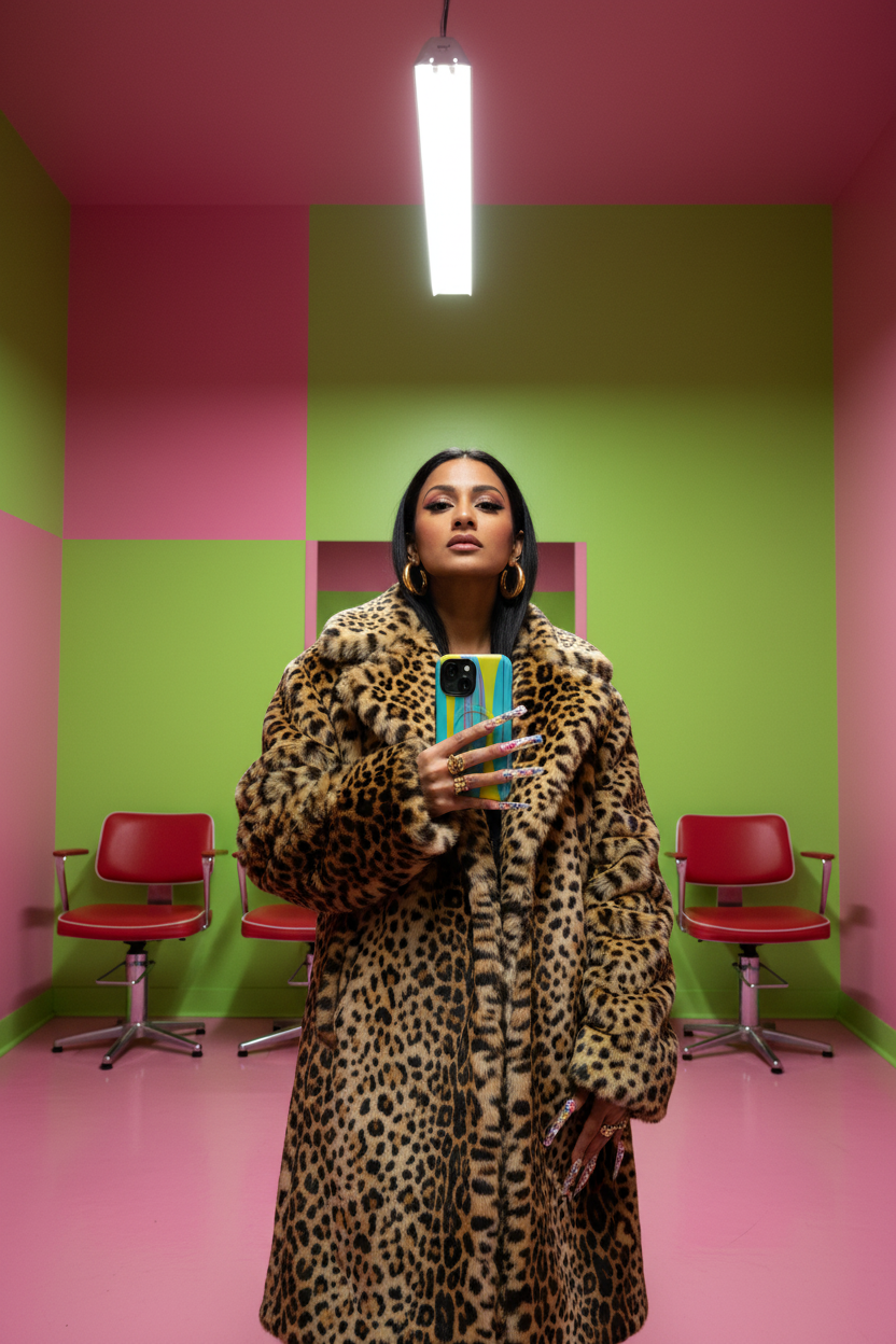 Nail Bar Maximalist in a repainted salon. Watermelon Lime MagSafe phone case shown with a maximalist nail artist inside a boldly repainted London salon.