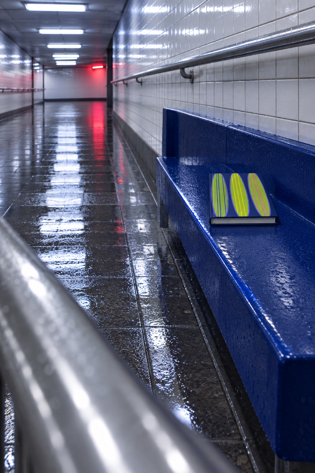 Navy Watermelon journal in tiled London subway