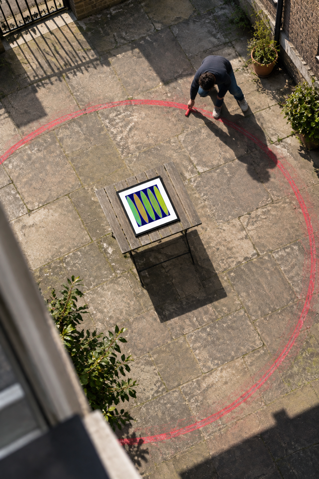 Navy Watermelon print, courtyard seen from above