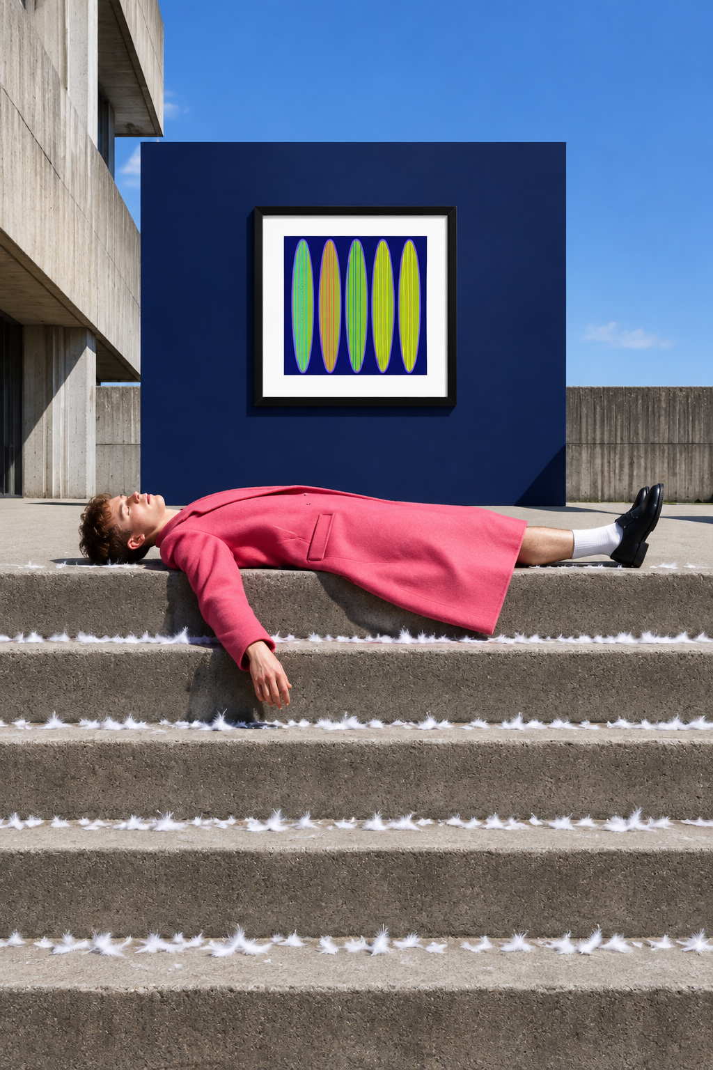 Navy Watermelon print, figure across the civic steps