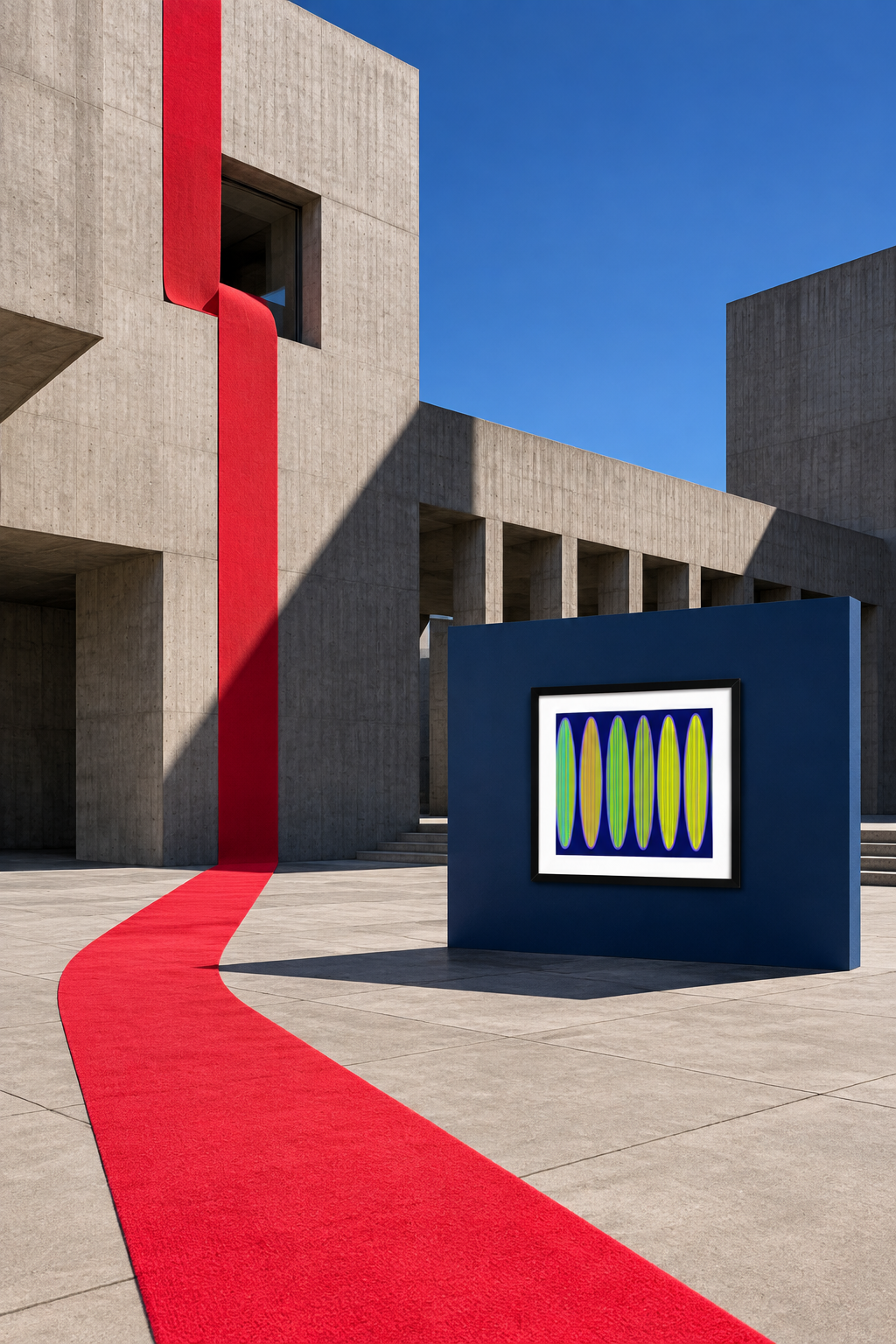 Navy Watermelon print, impossible carpet across the civic plaza