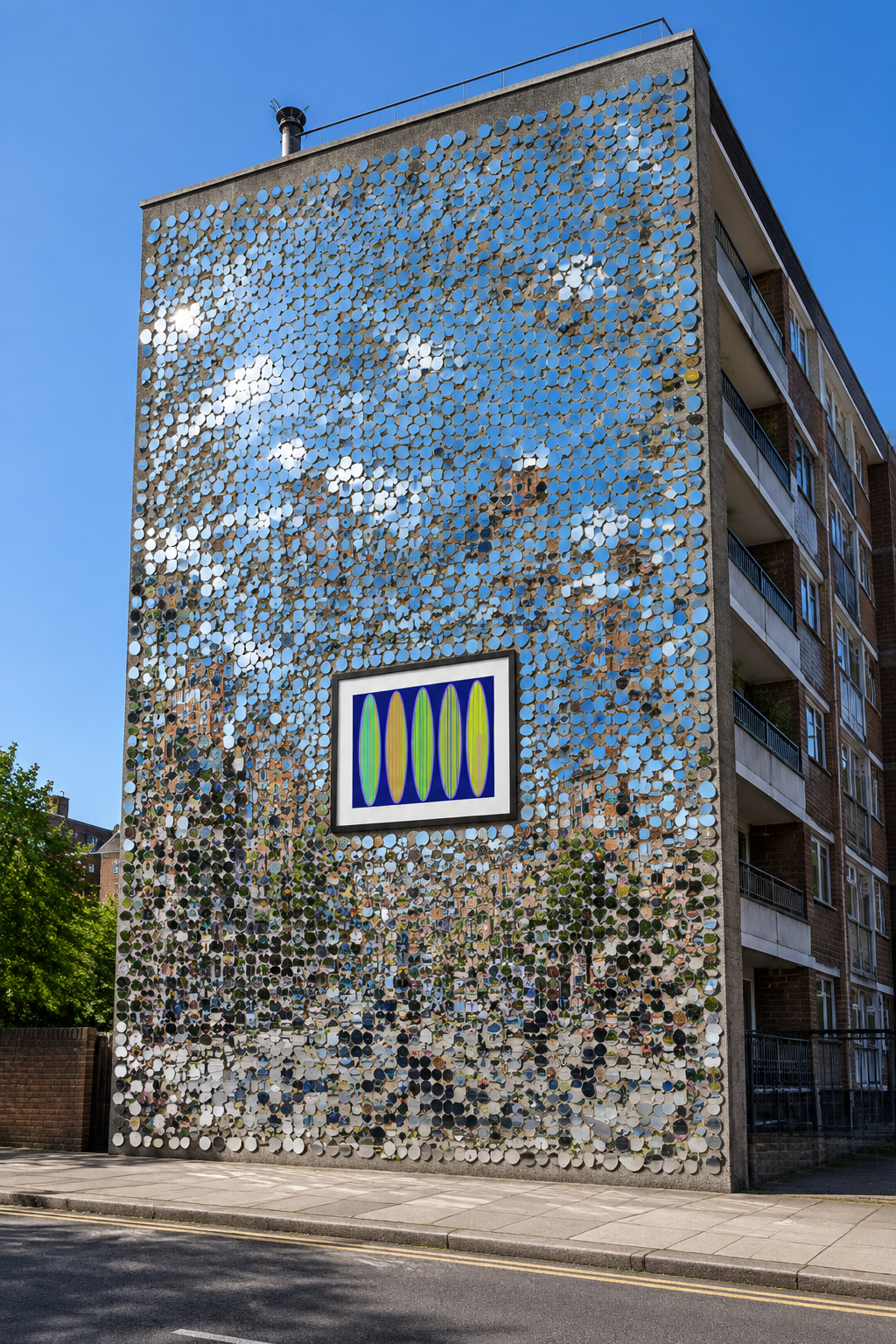 Navy Watermelon print, tower-block mirror field