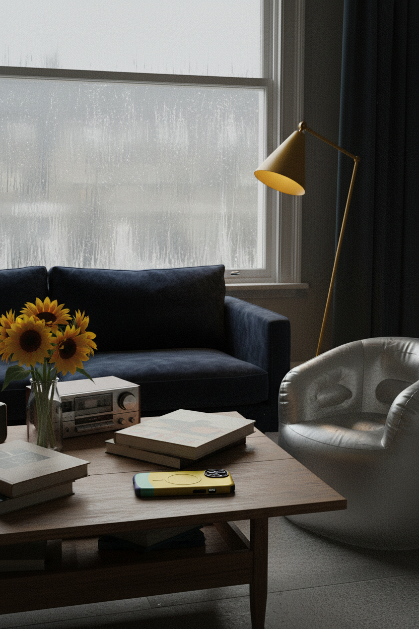 Navy Yellow Sun 1990s London flat. Navy Yellow Sun MagSafe phone case styled inside a characterful 1990s London flat with nostalgic creative interiors.