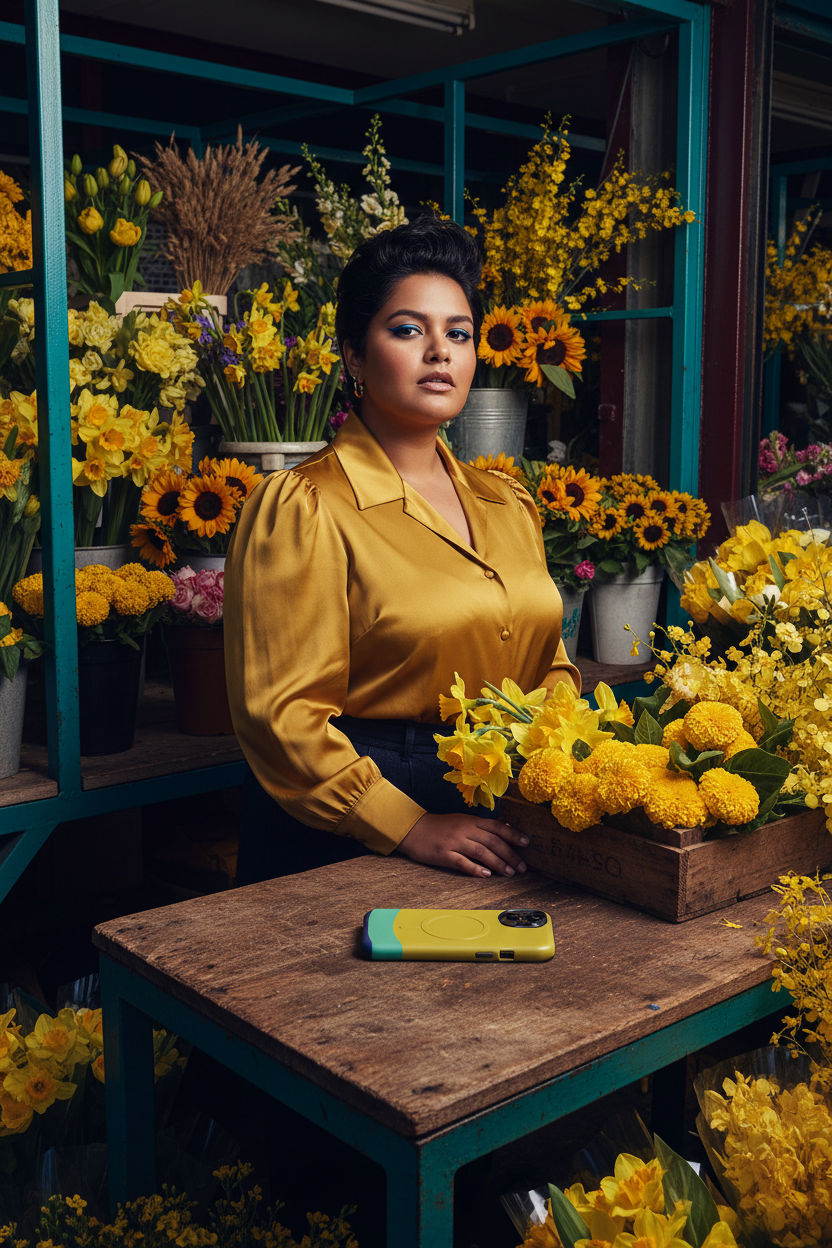 Navy Yellow Sun East London flower-market editorial. Navy Yellow Sun MagSafe phone case featured in a lively East London flower-market editorial surrounded by seasonal blooms.