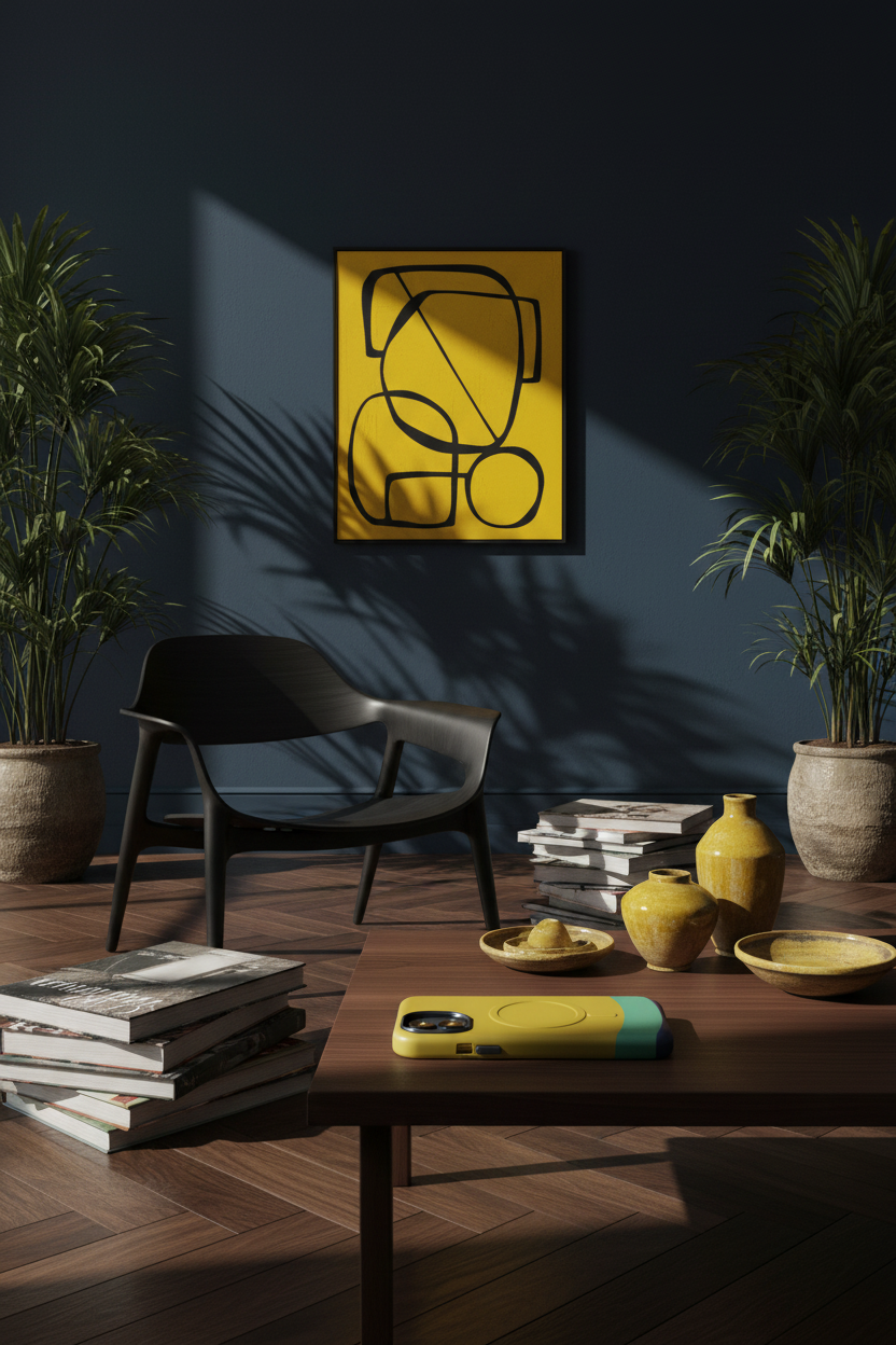 Navy Yellow Sun Mayfair Shoreditch gallery room. Navy Yellow Sun MagSafe phone case displayed inside a gallery room blending polished Mayfair style with Shoreditch creative culture.