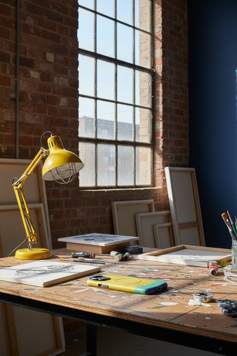 Navy Yellow Sun Shoreditch artist studio. Navy Yellow Sun MagSafe phone case resting naturally inside a working Shoreditch artist’s studio among creative materials.