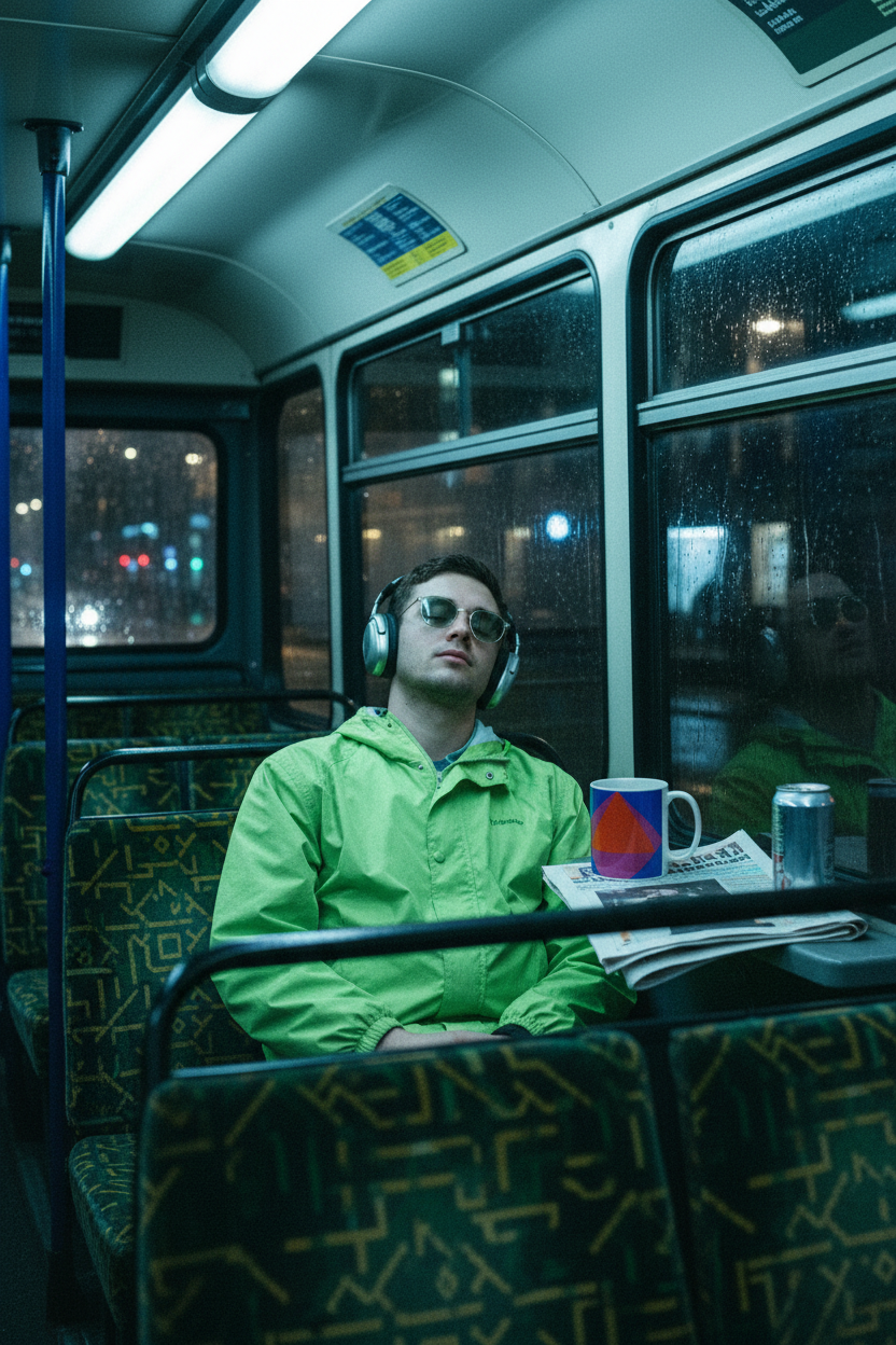 Night bus top deck in the wet