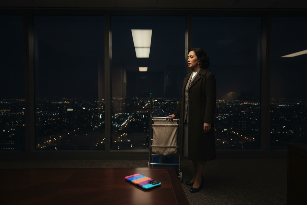 Night Cleaner Aesthete in an empty office tower at 3am. Pretty in Pink MagSafe phone case featured with a night cleaner inside an empty London office tower at 3am.
