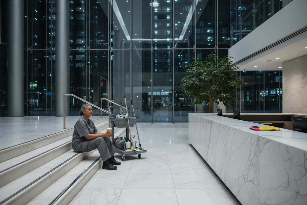 Night cleaner persona, City of London tower lobby. Pink Yellow Sun MagSafe phone case featured with a night cleaner inside a polished City of London tower lobby.