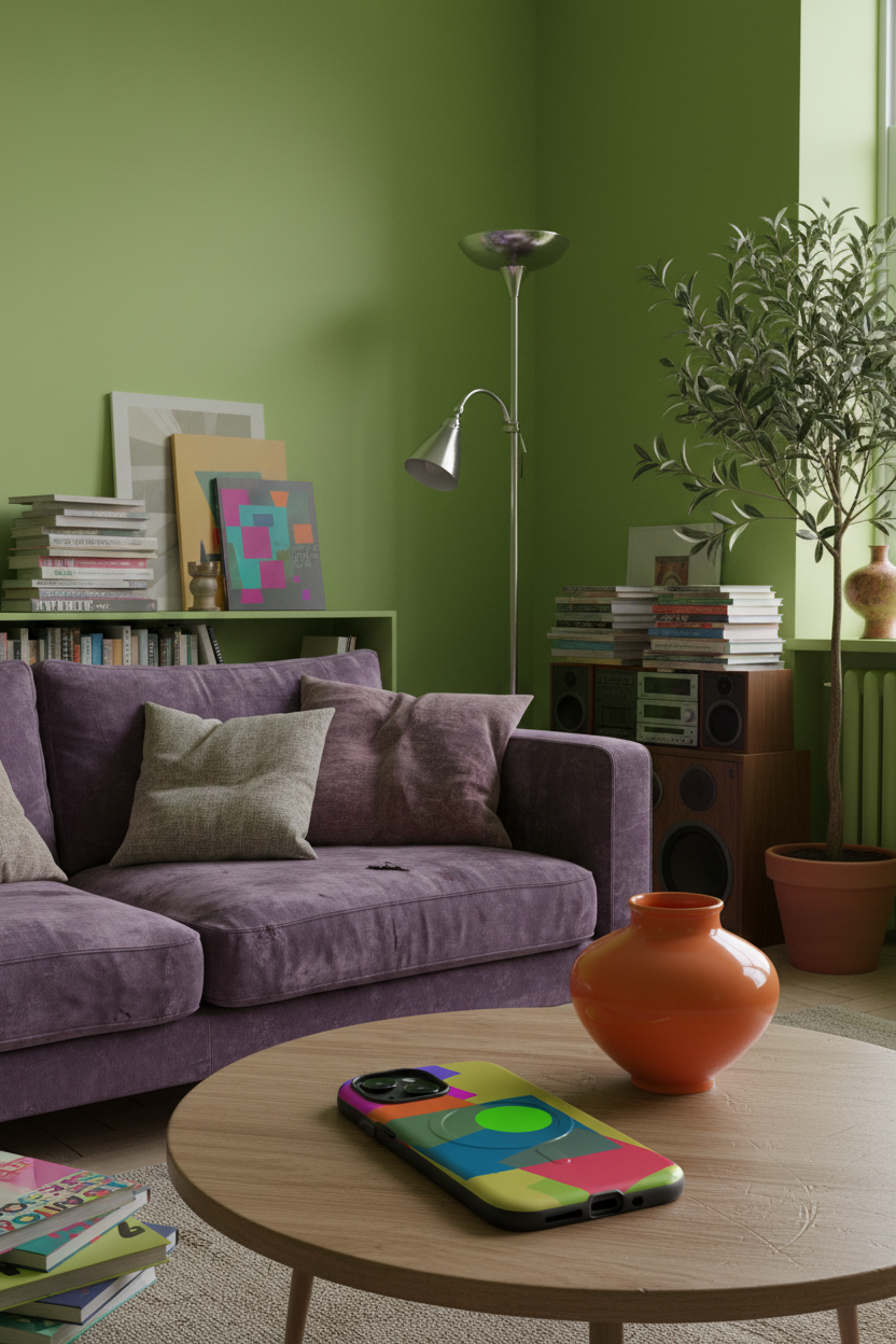 Olive Olive Tree 1990s London flat. Olive Olive Tree MagSafe phone case styled naturally inside a characterful 1990s London flat with nostalgic furnishings.