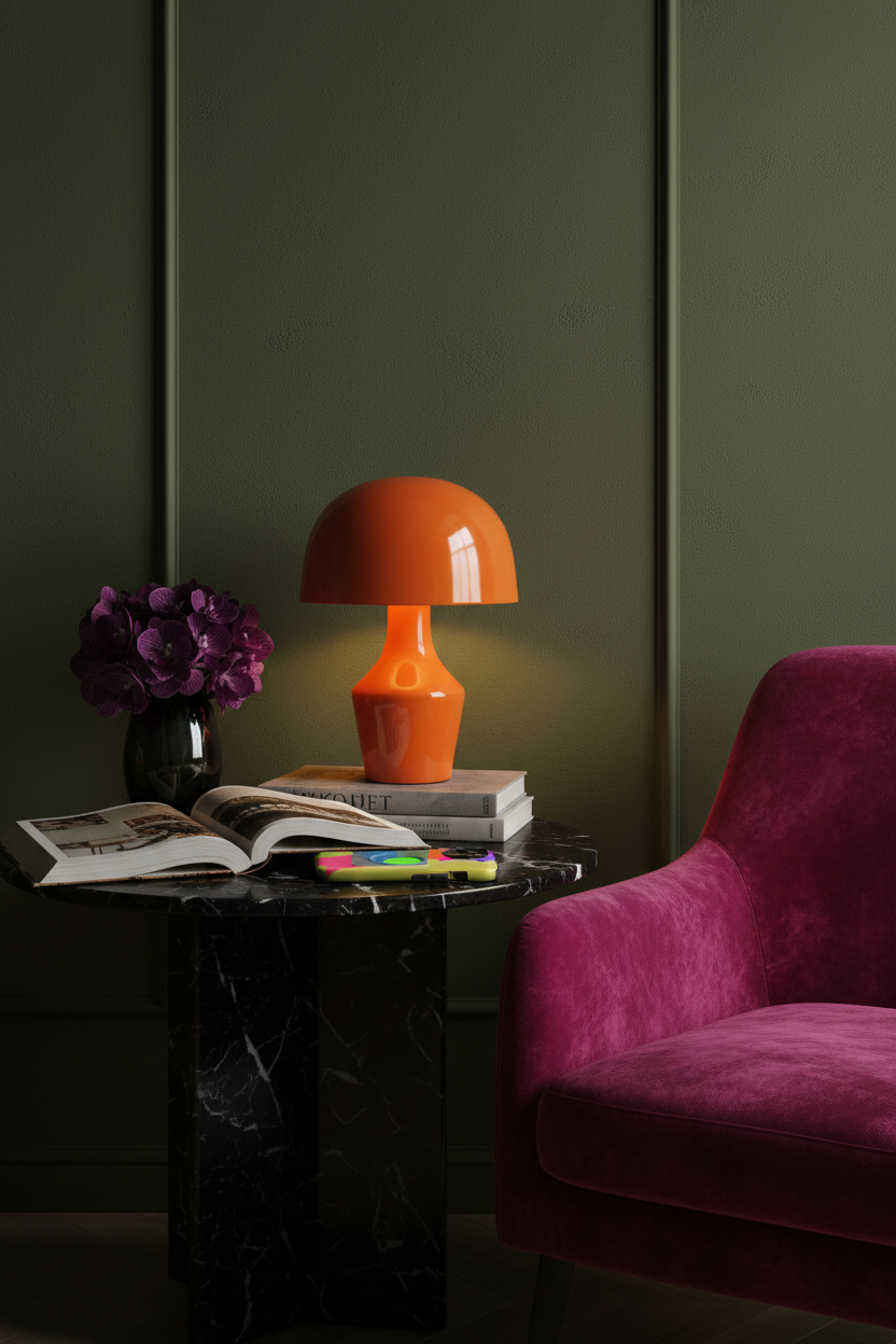 Olive Olive Tree boutique hotel reading room. Olive Olive Tree MagSafe phone case displayed inside an intimate boutique-hotel reading room with refined layered interiors.