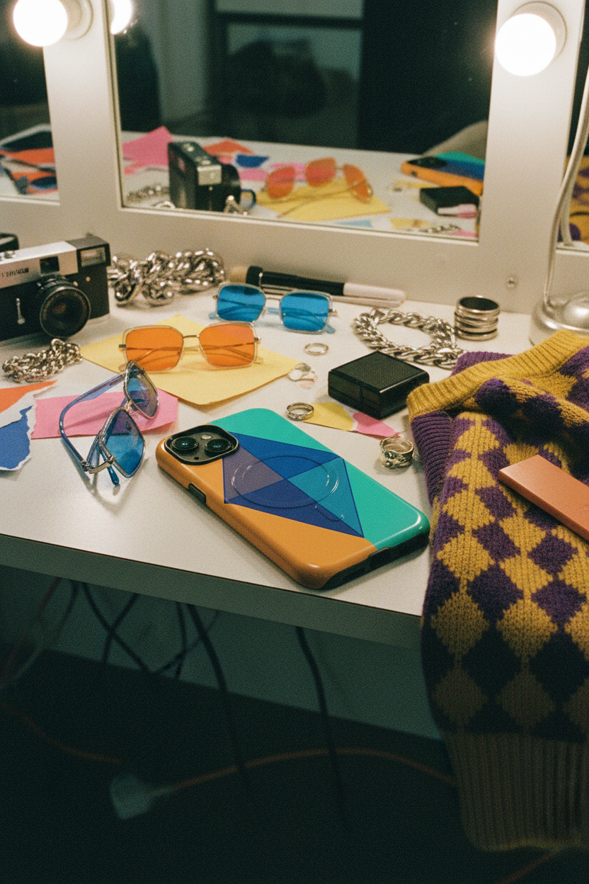 Orange Sky Diamond phone case in 90s editorial scene. Orange Sky Diamond MagSafe phone case styled in a nostalgic 1990s-inspired fashion editorial scene.